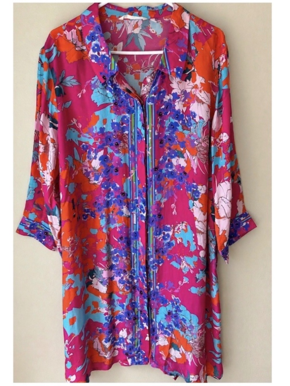 Soft Surroundings Garden Path 3X Flowy Floral Shirt Dress Pink Boho Button Front